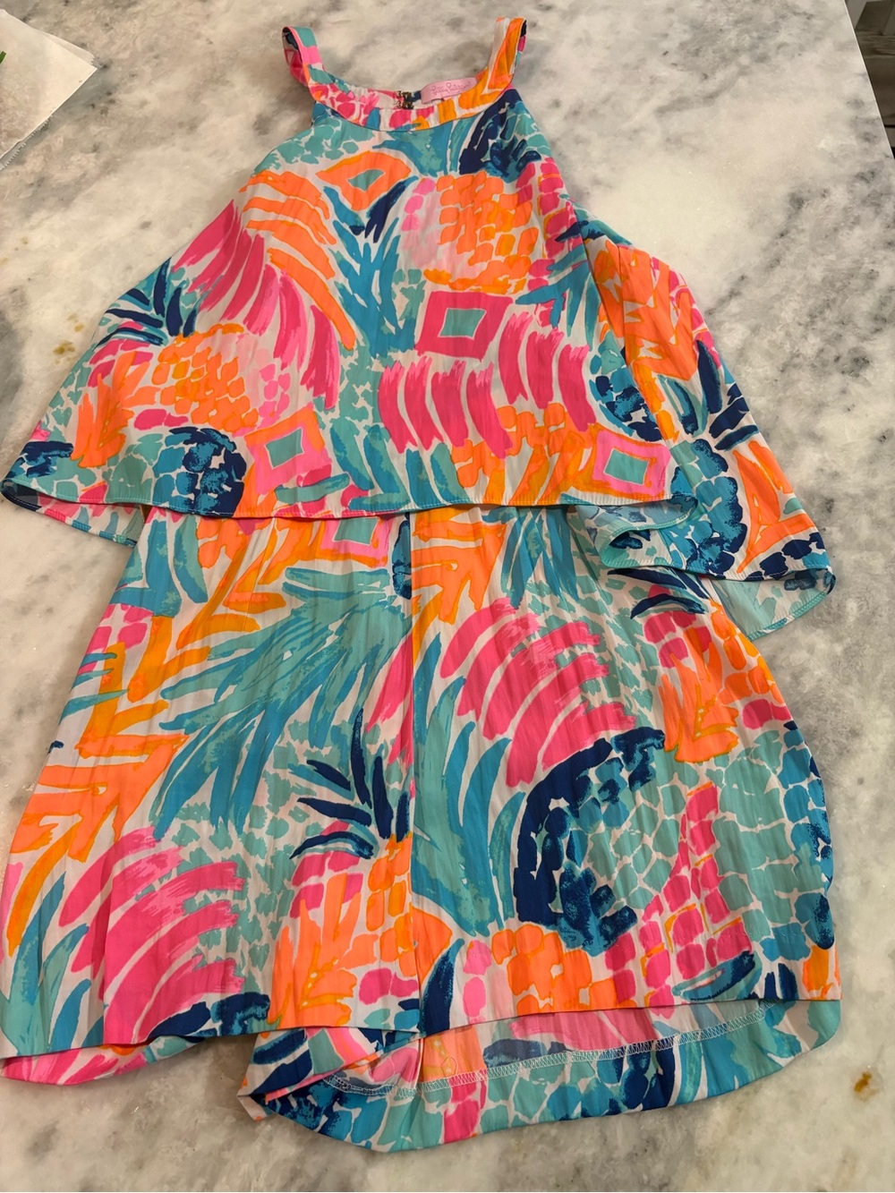 Lilly Pulitzer Bright Tropical Print Romper in Pink, Orange, Teal & Navy